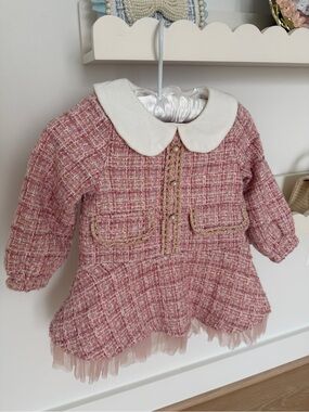 Girls Pink Tweed Formal Dress with White Peter Pan Collar